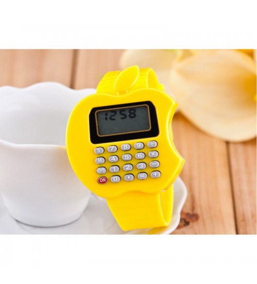 Apple Shape Digital Watch With Calculator, Kids Fashion Watch, Yellow Color